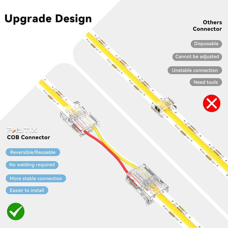 PAUTIX 10mm Connectors for 3-Pin CCT COB LED Strip Lights,20pcs Strip to Wire Connectors,10ft(305cm) Long 22AWG Extension 3 Wires for Non-Wired Gapless Solderless,5V 12V 24V LED Strip Lights Jumper - Image 4